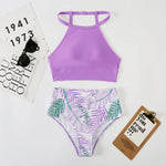 Sexy Light Purple High Waist Bikini 2024 Woman High Neck Swimsuit Female Two Pieces Swimwear Women Print Beach Wear Bathing Suit