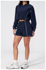 Summer Sun Protection Yoga Suit Women Contrasting Colors Long Sleeve Hoodies Top High Waist Shorts Running Fitness Athletic Wear