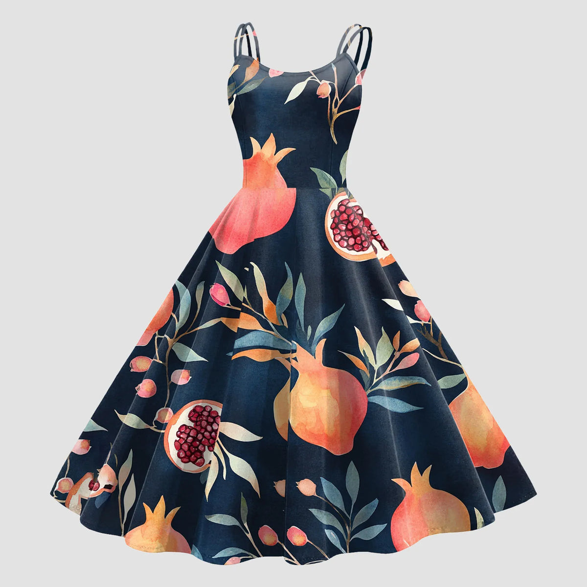 Vintage Fruit Print Dress For Women Elegant High Waist A Line Swing Dress Rockabilly 60s 50s Retro Spaghetti Strap Maxi Robe