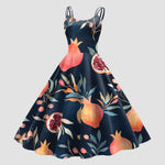 Vintage Fruit Print Dress For Women Elegant High Waist A Line Swing Dress Rockabilly 60s 50s Retro Spaghetti Strap Maxi Robe