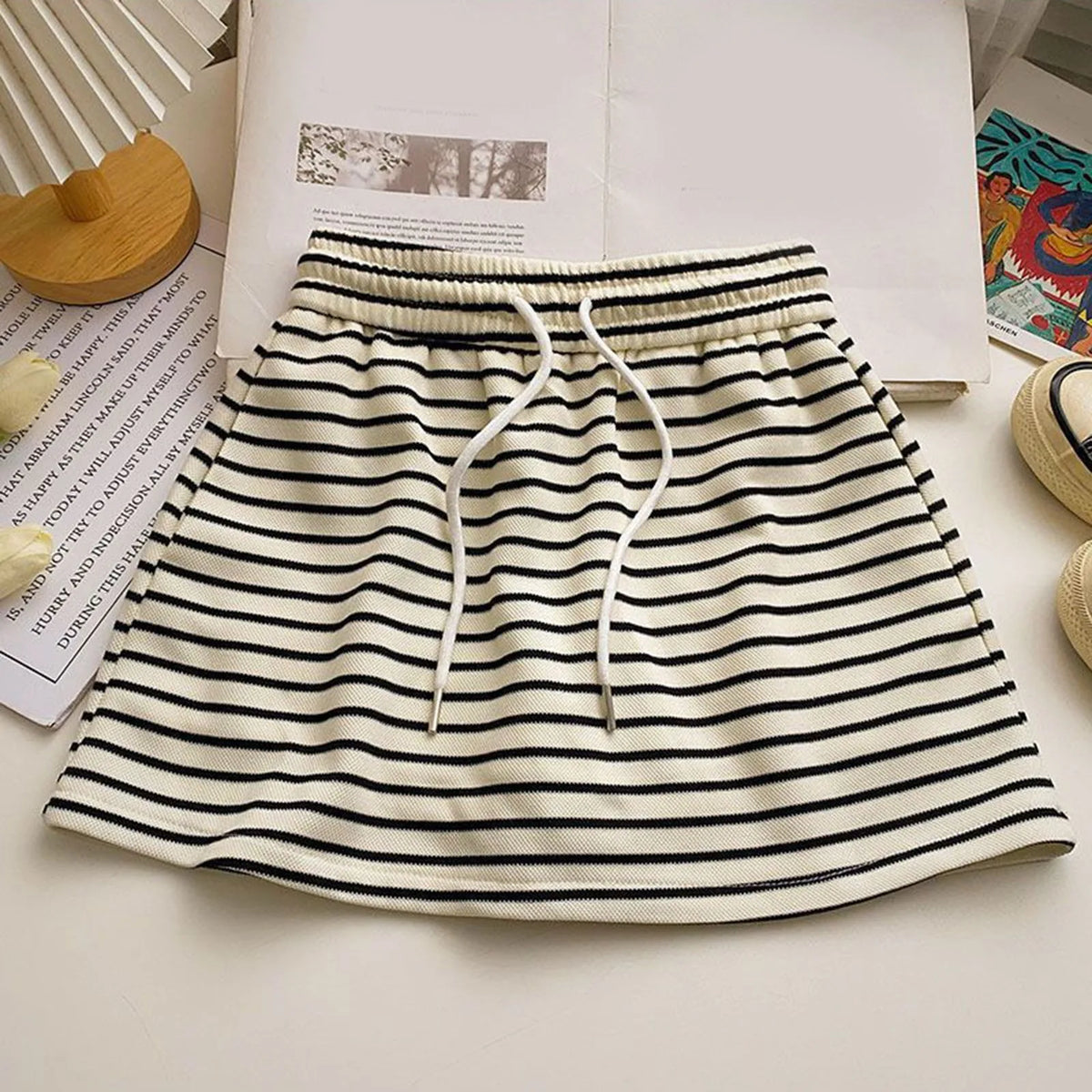 Women's Black White Striped Mini Skirt Drawstring Elastic High Waisted Sports Skirt Summer New Korean Style Sports Skirts 2026