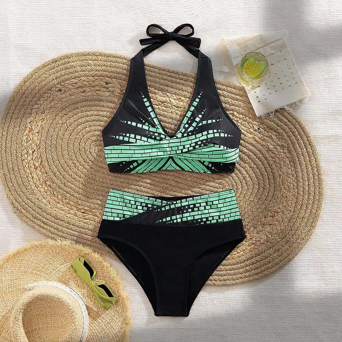 New Women High Waisted Halter Bikini Set Modest Triangle Tummy Control Swimwear Hot Spring Beach Vacation Summer Panties Sets