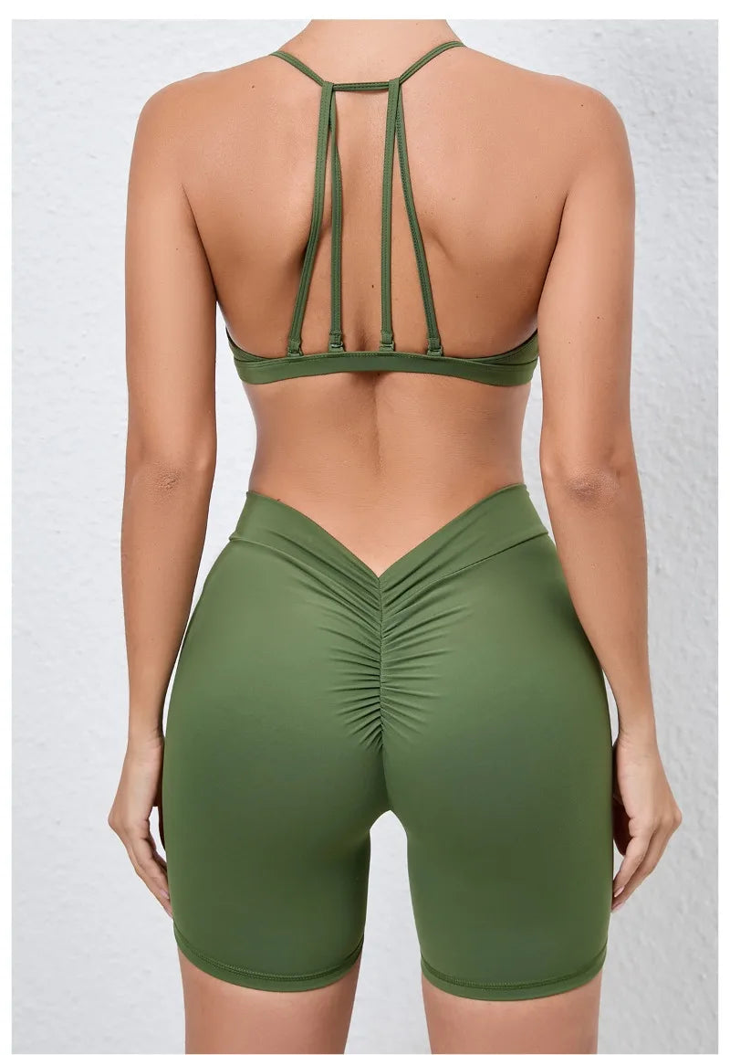 Women's 2-Piece Yoga Sets High Waist Seamless ShortsHip-Lifting & Backless Gym Leggings Quick Dry Workout Fitness Suits