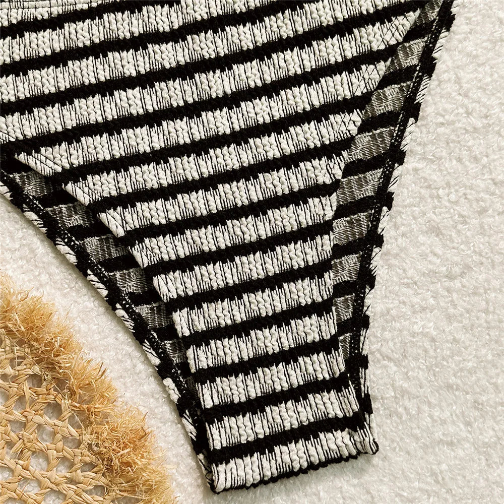 Striped Print String Halter Bandeau Bikinis Sets 2026 Sexy Swimsuit Women Ruched Swimwear Bathing Suit Brazilian Bikini Mujer