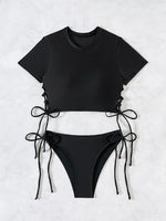 2026 New 2 Piece Swimsuit for Women Solid Color Sexy Drawstring Short Sleeve Bikini Set Beach Vacation Bathing Suit Swimwear