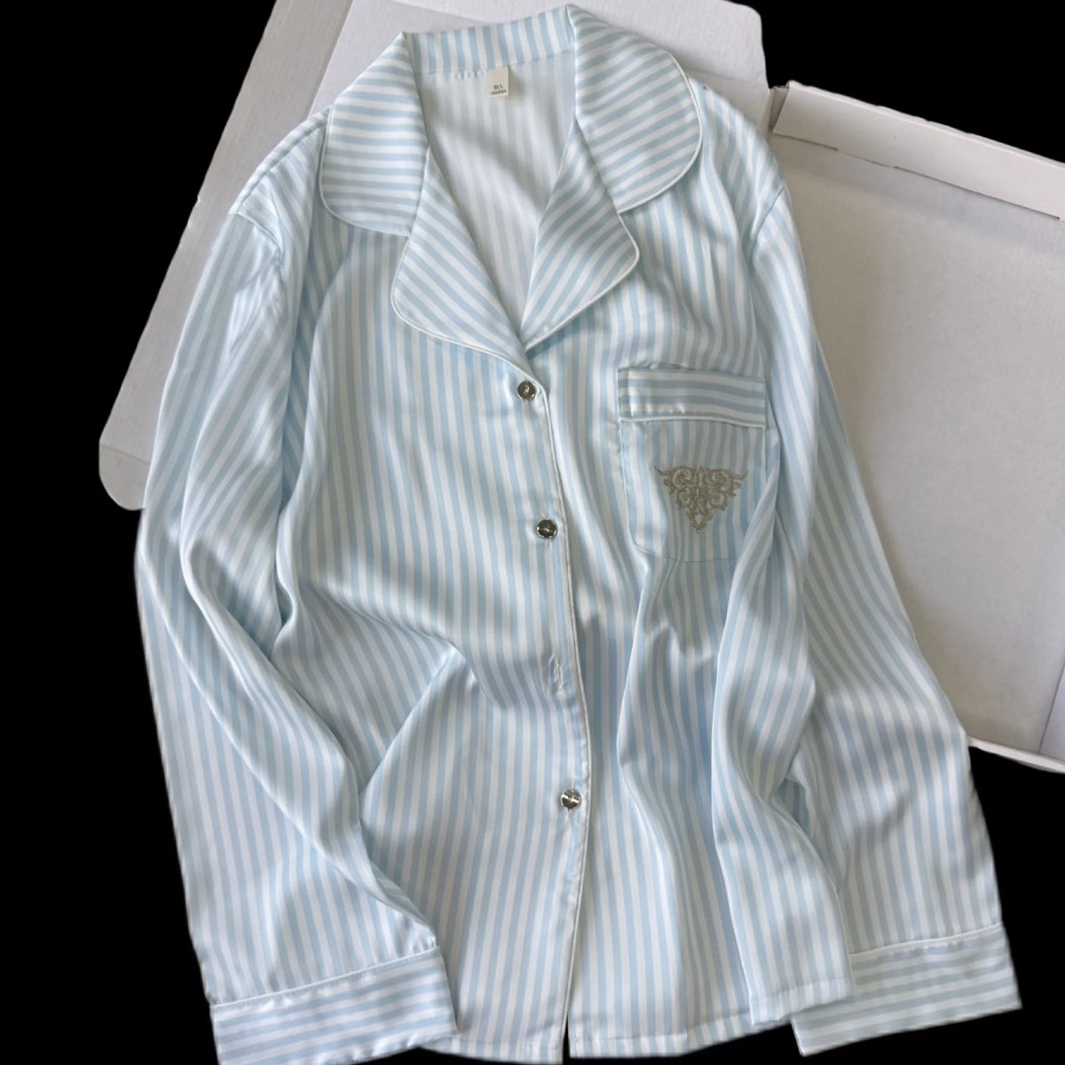 Women Ice Silk Striped Pajama Set Lapel Open Front Long Sleeve Top Long Pants Loose Pink White Light Blue Block Loungewear