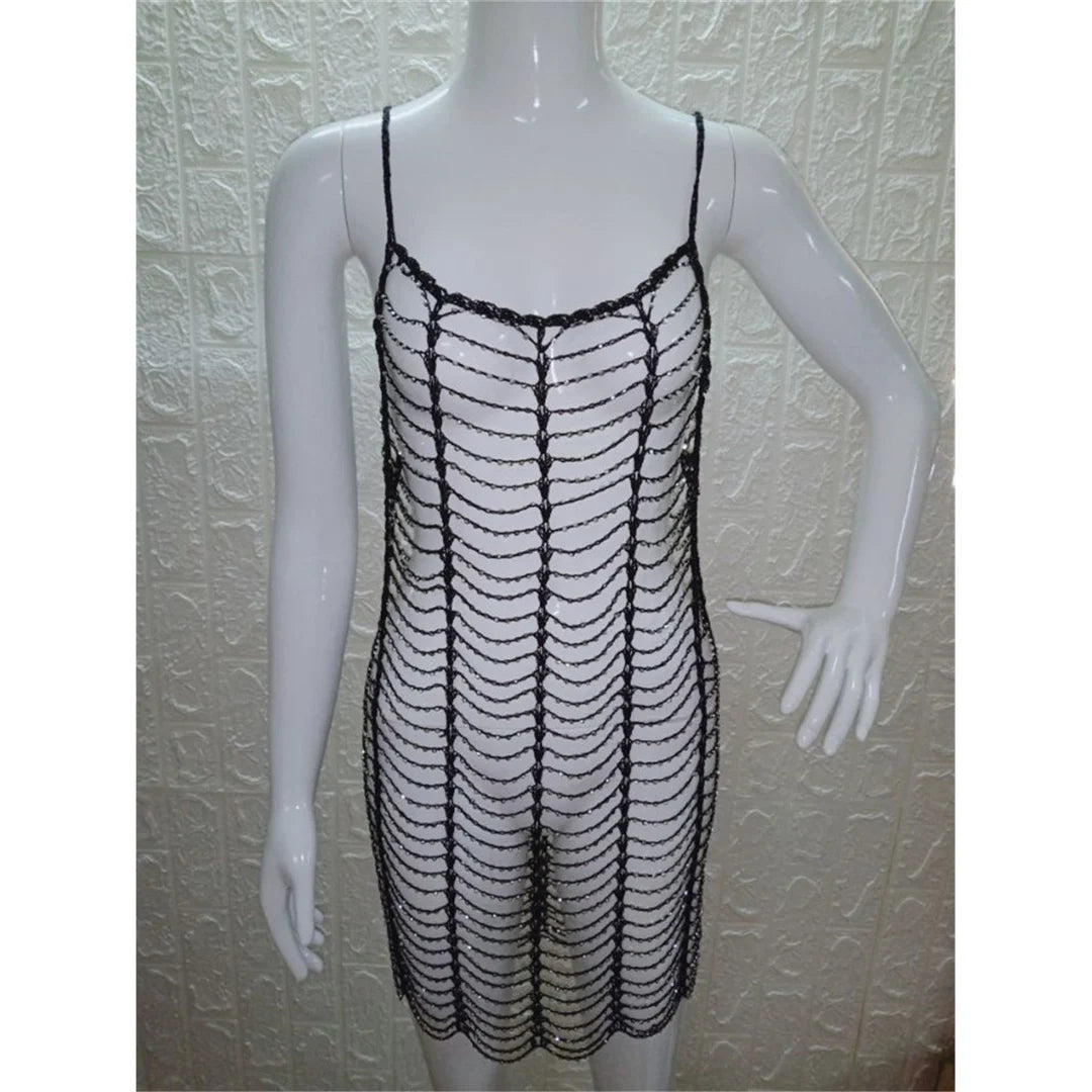 Luxury Bling Diamond Rhinestones Hollow Out Tunic Beach Cover Up Cover-ups Beach Dress Beach Wear Beachwear Female Women V4747SW
