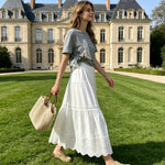 Women's Summer Hollow-Out Hem Elastic Waist Skirts Fashion Casual A-line Skirts Solid Color Long Skirts