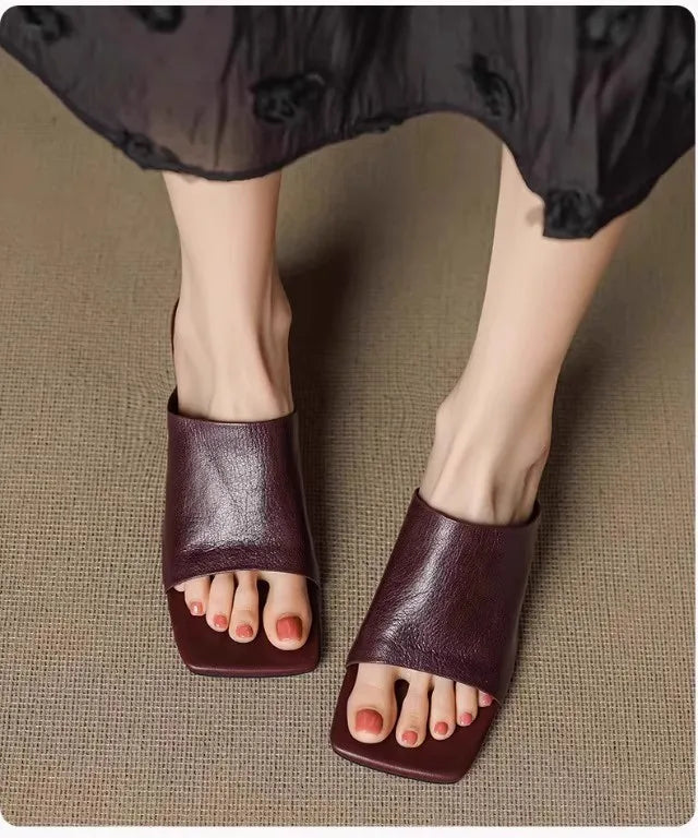 LuxeSquare Toe Slide Sandals Premium Leather One Strap Mules Chunky Sole Backless Loafers Dressy Casual Summer Shoes