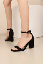 Beige Suede Ankle Strap Block Heel Sandals for Women, Round Open Toe with Rhinestone Accent, Multiple Colors Available