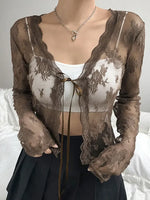 Women Floral Lace Shirts Long Sleeve Front Tie-up Smock Tops Sexy Beach Tops and Blouses Female See Through Cover-ups