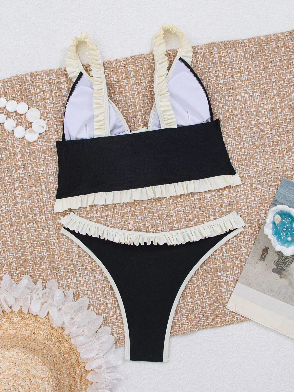 Sexy Front Tie Lace Trim Bikini Set Women Black Contrast Push Up Top Ruffles Thong Swimsuit Summer Holiday Bathing Suit Swimwear