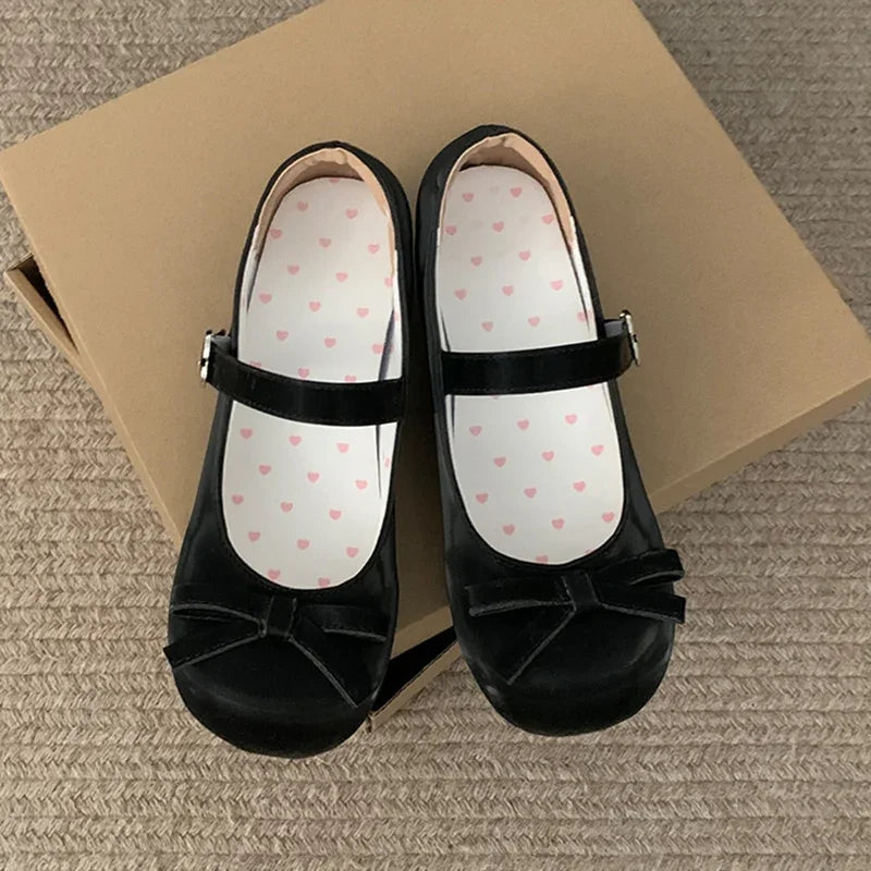 Preppy Butterfly-Knot Low Heel Mary Janes Women Vintage Solid Buckle Strap Pumps Woman Cute Sweet Lolita Single Shoes for Ladies