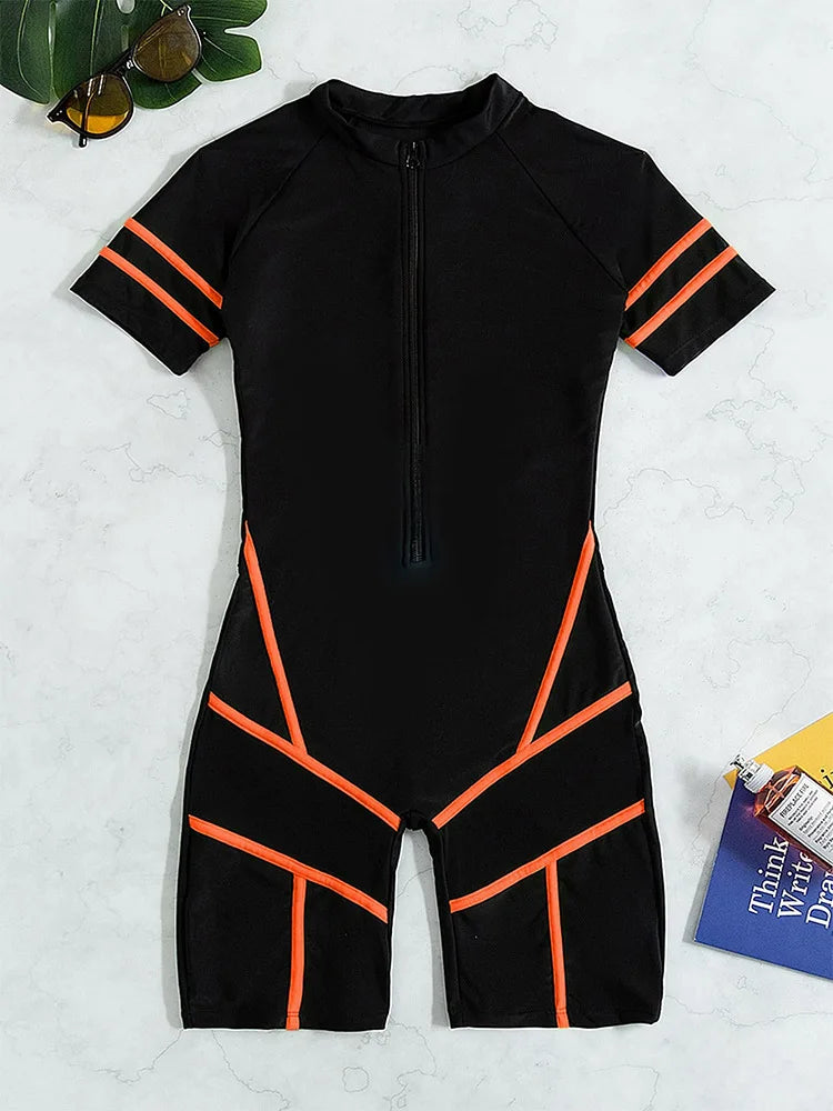 Zipper Mesh Surf One Piece Swimsuit Women Neon Green Solid Black Tummy Control Swimwear Beach Bathing Suit Swimming Set Monokini