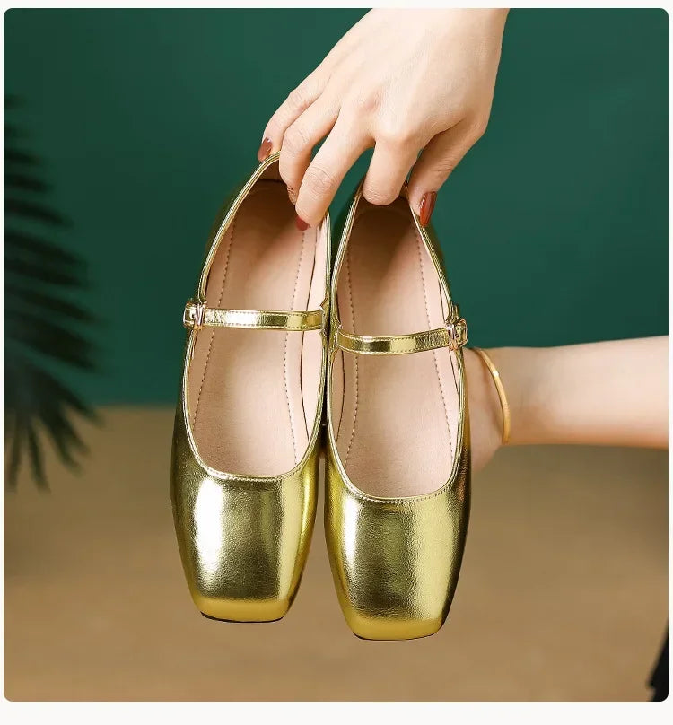 2025 Elegant Woman Square Toe Lolita Lady Barefoot Boat Gold Flats Elegant Soft Sole Ballerina Party Mary Jane Shoes
