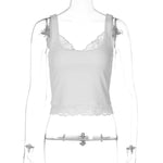 FDYOUI Sexy Lace Patchwork Tank Tops for Women Fashion Sleeveless Backless Cropped T-shirt Black White Y2K Skinny Corset Top