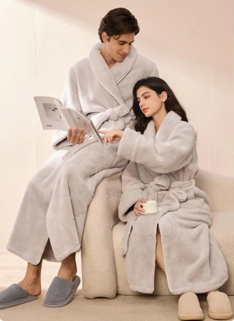 Autumn Winter Flannel Plus Size Robe Pajamas Thick Cozy Fleece Couple Bathrobe, Men Women Long Warm Loungewear,