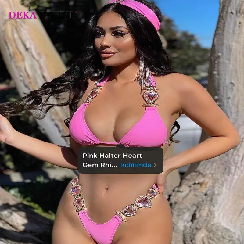 DEKA Rhinestone Love Heart Bikini Set Women Diamond SwimsuitCrystal Luxury Push Up Metal Thong Swimwear