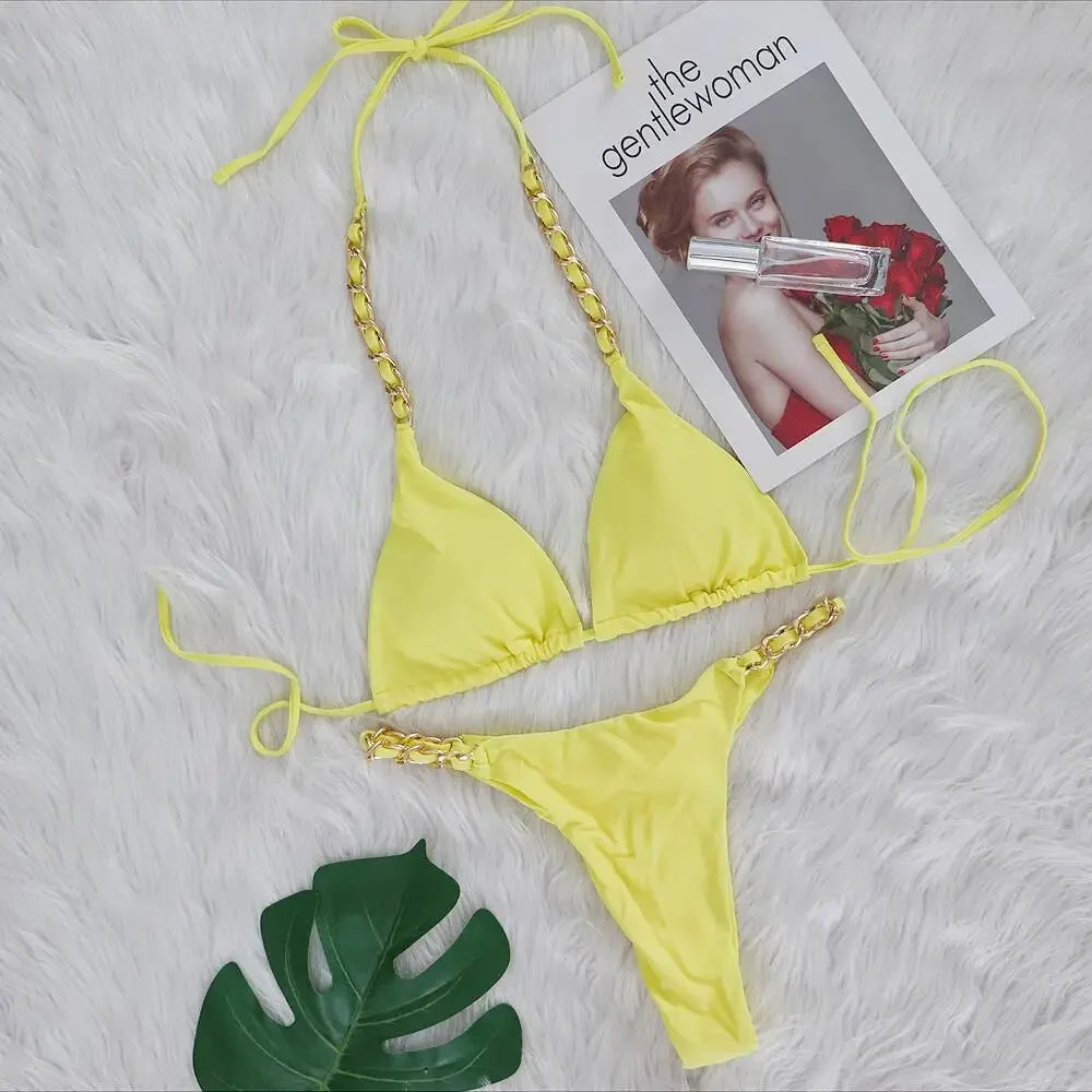 5 Colors Sexy Bikini Women Solid Swimwear Swimsuit Metal Chain Weave Straps Bikinis Set Bathing Suit Beach Bikini Female Thong
