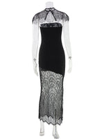 Ahagaga Fashion Women's Maxi Dresses Lace Patchwork Sexy Sheer Split Bodycon Slim Fit Turtleneck Sheath Female Party Vestidos
