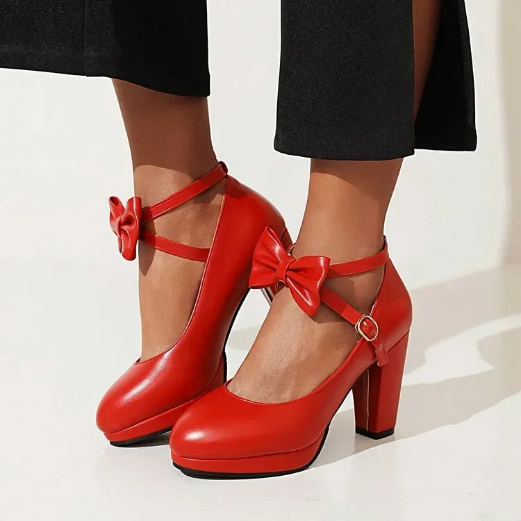 Spring and Autumn New Style Fashion Round Head High-heeled Women's Shoes Sweet Bow Shallow Mouth Buckle Thick Heel Women Shoes