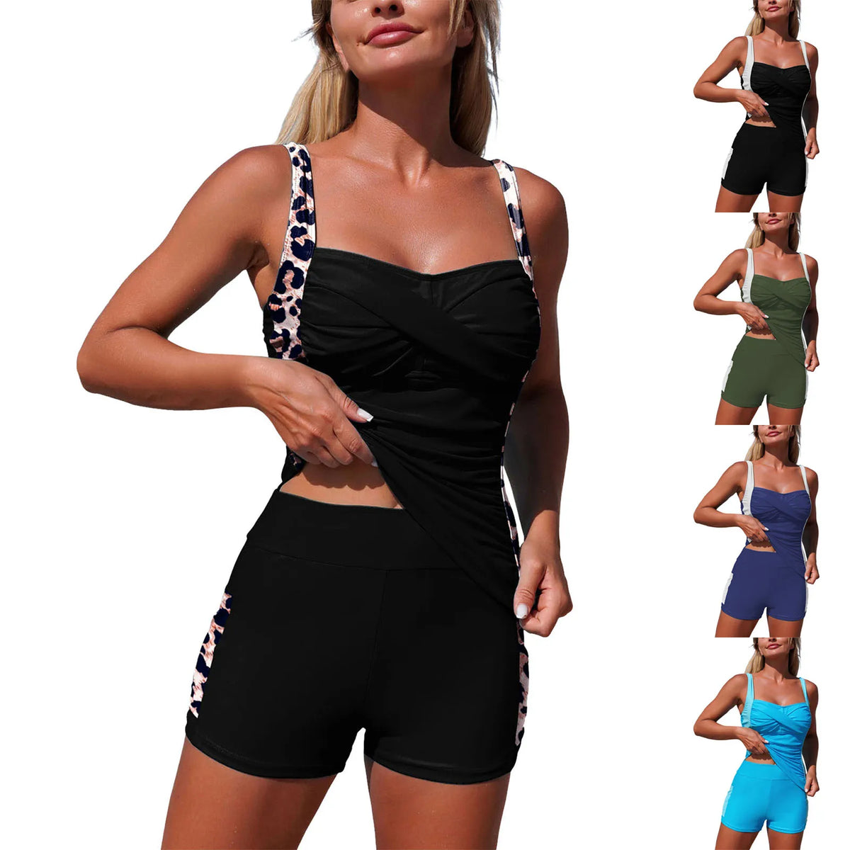 Women's Two Piece Swimsuit With Pocket Color Blocked Sporty Tankini High Waist Ruched Bathing Swimming Suit Summer Beachwear