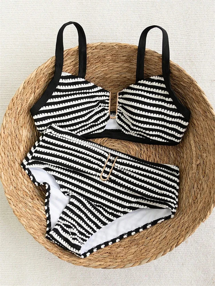 Sexy Black Striped Two Piece Bikini Set Women Metal U Neck Push Up Bra Belt High Waist Swimsuit Beach Bathing Suit Swimwear 2026
