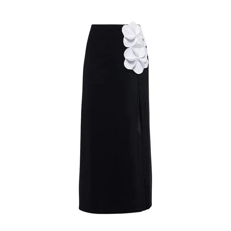 Vintage White Black Patchwork One Piece Swimsuit Long Skirt Set Women Sexy 3D Flower Bandeau Push Up Slim Holiday Swimwear 2025