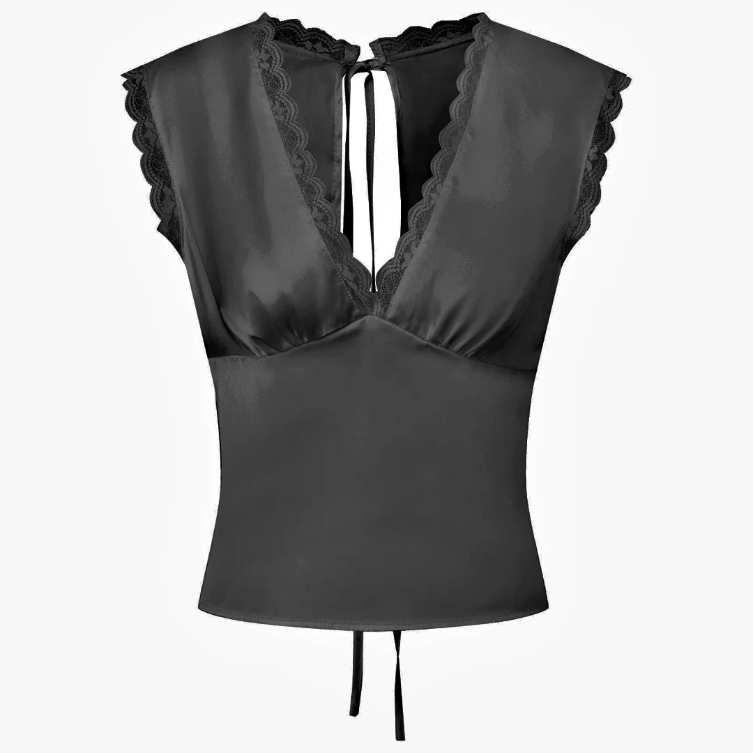 New Women Sleeveless Shirts Satin Lace Trim Deep V Neck Cropped Tops Blouses for Going Out Party Street Summer Vest