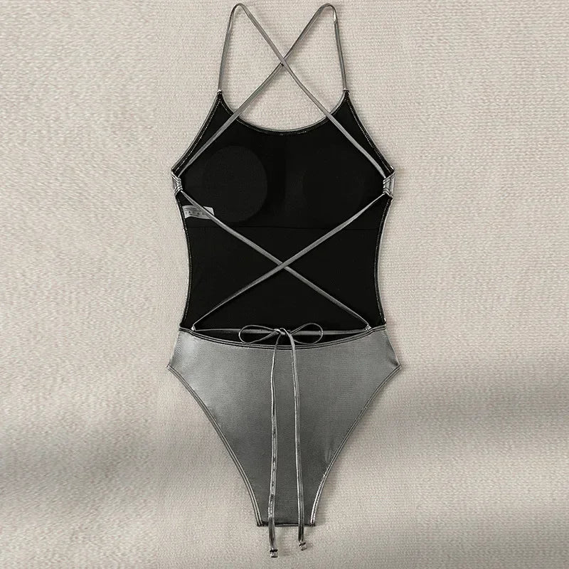2026 New Silver Shiny Leather One Piece Swimsuit Women,U-neck Suspender Bikini,cross Strape Backless Monokini Summer Beachwear