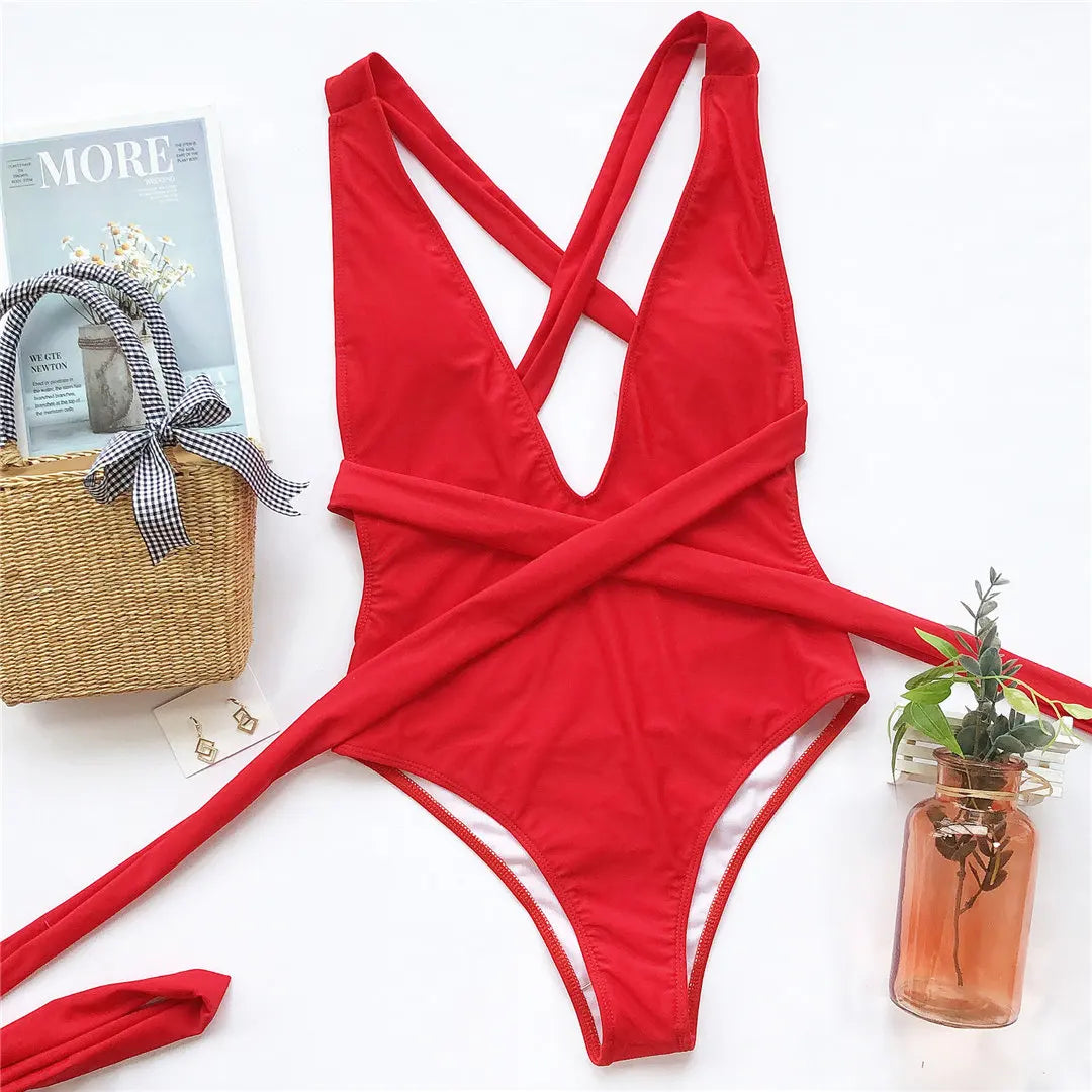 Sexy Wrap Around Bandage Women Swimwear One Piece Swimsuit Female Bather Deep V Neck Bathing Suit Swim Backless Monokini V1639C