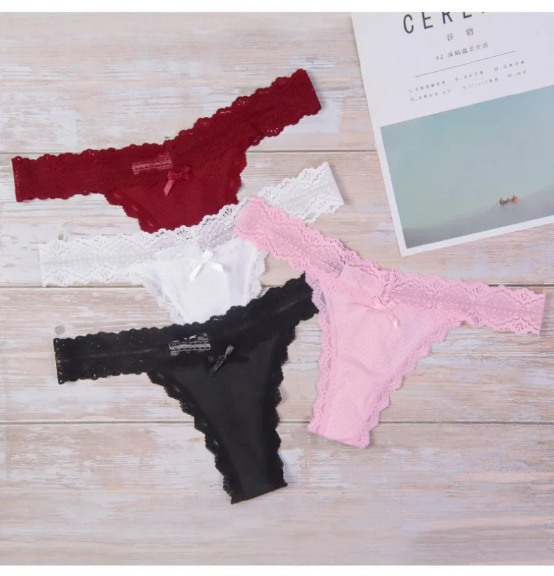 1pcs Low Waist Sexy Lace Elegant Lady Thongs Underwear Solid Breathable Sexy Lingerie Floral Female Panties Bow Women's G-string