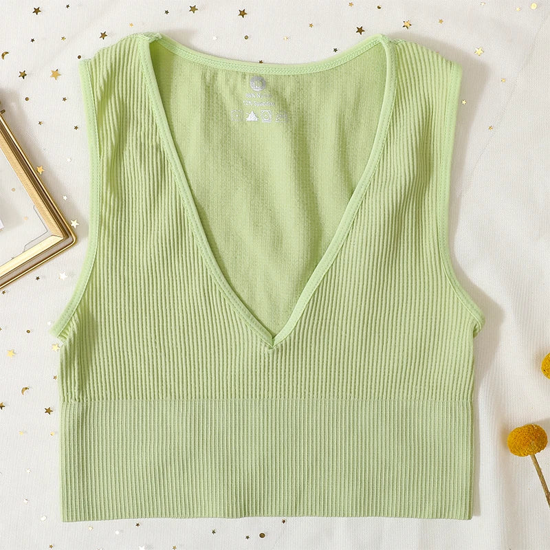 Deep V Crop Top Women Bra Top Sexy Lingere Seamless Underwear Female Tanks Top Sleeveless Fitness Top Camisole