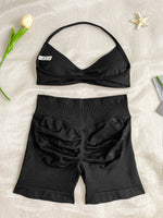 Sexy Black Polka Dot Print Seamless Yoga Sets Women Hanging Neck Pleate Sports Bra Tight High Waist Short Running Fitness Suits