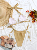 Sexy Pearls Triangle Bikini Set 2026 Women Khaki Bow Strap Push Up Bra Holiday Swimsuit Brazilian Bathing Suit Micro Swimwear