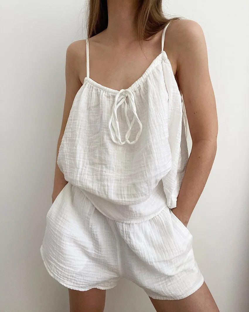 Summer New Women's Pure Cotton Pajamas and Shorts Two-Piece Set Casual and Comfortable Home Wear Pure Cotton Suspender Y2K Hot