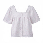 Women's Retro Casual Babydoll Blouse Summer Loose Fit Tops Lace Trim Short Sleeve Square Neck Button Up Shirts