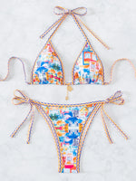 Blue Floral Print 2 Piece Micro Bikini Set for Women 2025 New Push Up Bra Thong Swimsuit Beach Bathing Suit Holiday Swimwear