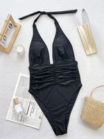 V Neck Halter Wrinkled Women Swimwear One Piece Swimsuit Female High Cut Backless Monokini Bather Bathing Suit Swim Beachwear