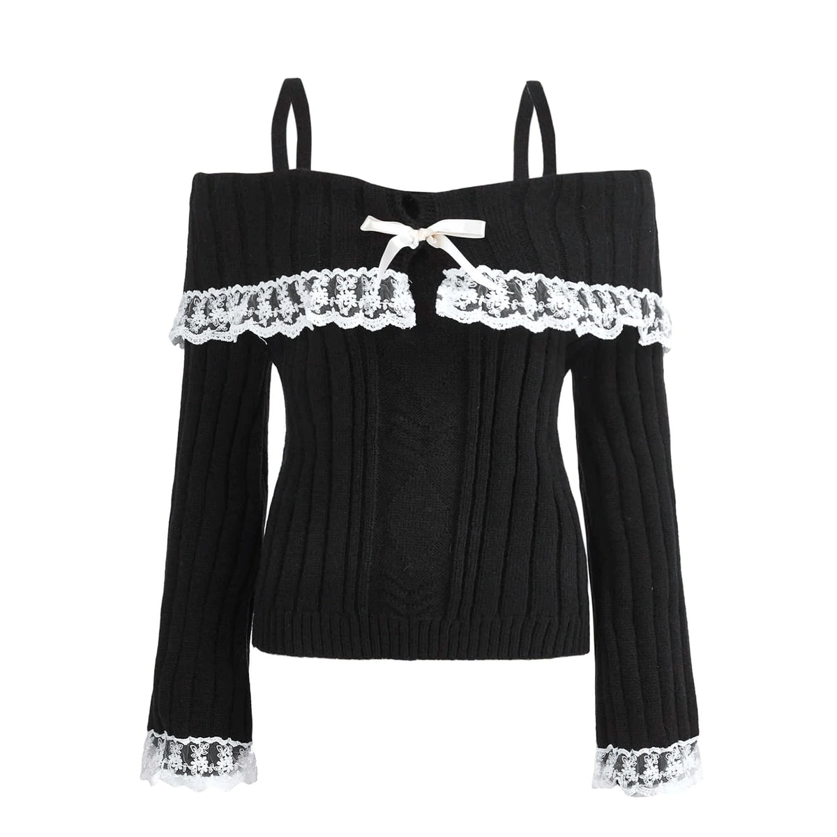 Women Long Sleeve Contrast Lace Knit Pullovers Autumn Winter Cold Shoulder Sweaters Bow Front Jumper Tops Beige/Pink