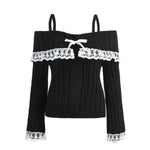 Women Long Sleeve Contrast Lace Knit Pullovers Autumn Winter Cold Shoulder Sweaters Bow Front Jumper Tops Beige/Pink