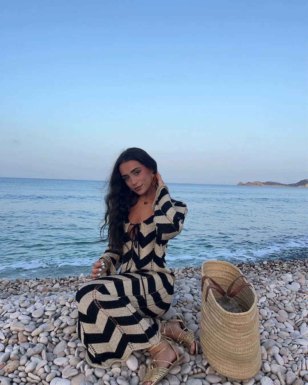 Knitted Dress Leace-up Vestido Dresses 2025 Woman Beach Hollow Out Slim Vacation Beachwear Temperament Long Sleeves Holiday Sexy