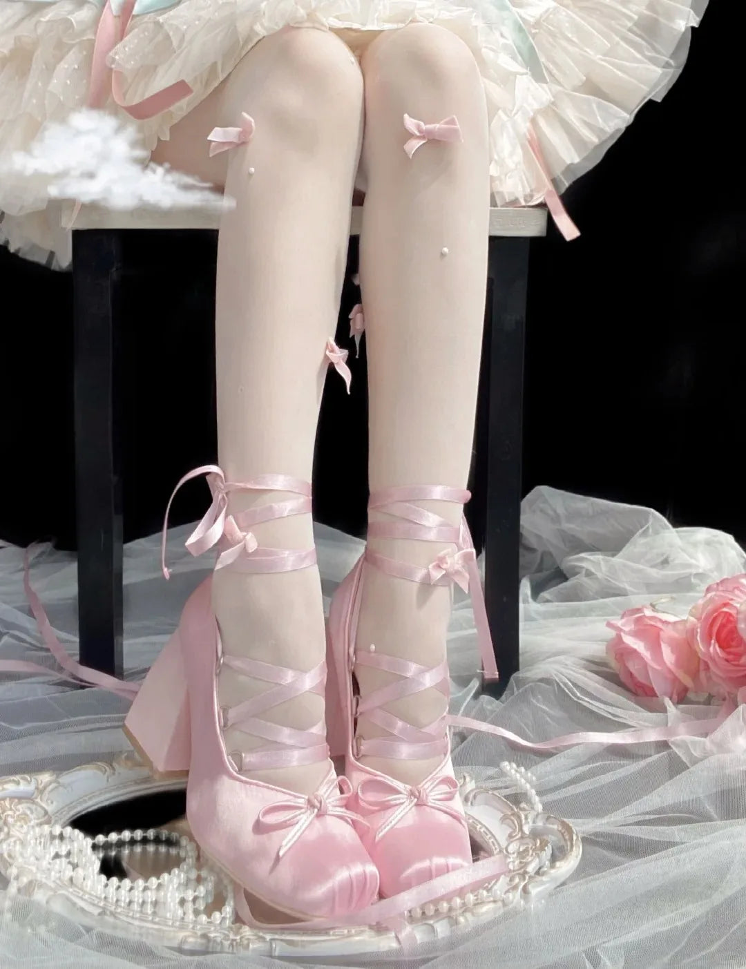 2026 y2k Block High Heels Summer Vintage Black Satin Pink Lolita Mary Janes Shoes Women Sweet Cross-tied Ballet Pumps Footwear