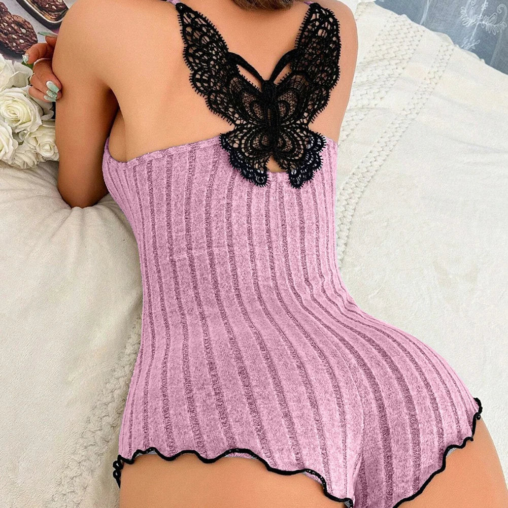 Summer Pajamas for Womens Onesies Sleepwear Fashion Back Bow Design Lace Splicing Bodysuit Loungerwear