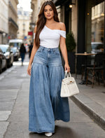 Women's Casual Jeans Fashionable Washed Pleated Large Flare Wide Leg Pants