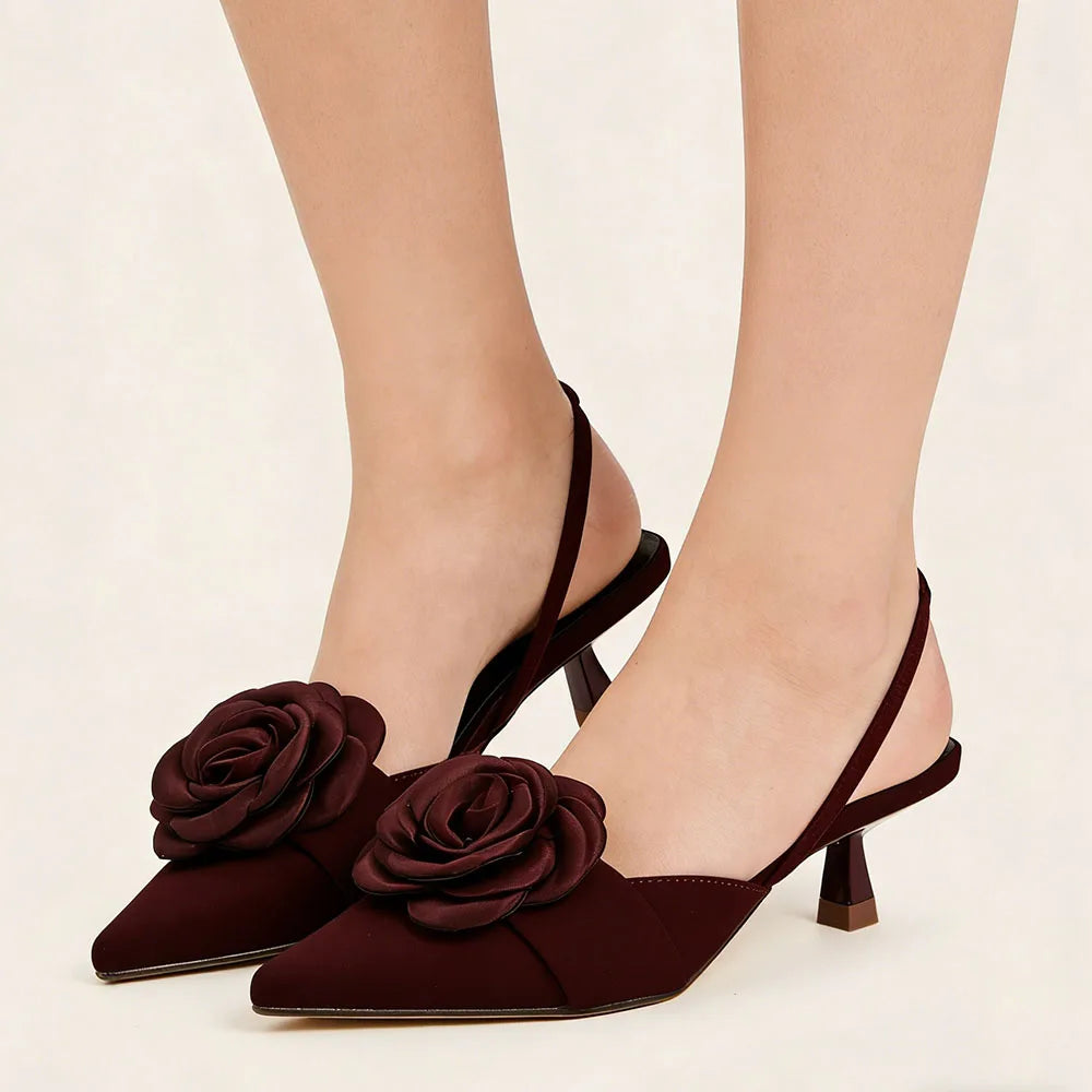 2026 Big Size 43 Summer Women's Pointy Toe Kitten Heels Slingback Satin Sandals Elegant Sandal Rose Flower Office Lady Shoes