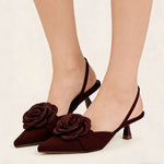2026 Big Size 43 Summer Women's Pointy Toe Kitten Heels Slingback Satin Sandals Elegant Sandal Rose Flower Office Lady Shoes