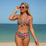 Blue Leopard Print Bikini Set Large Size Women Front Tie Push Up High Waist Swimsuit 2026 Long Sleeve Cover Up 3 Piece Swimsuit
