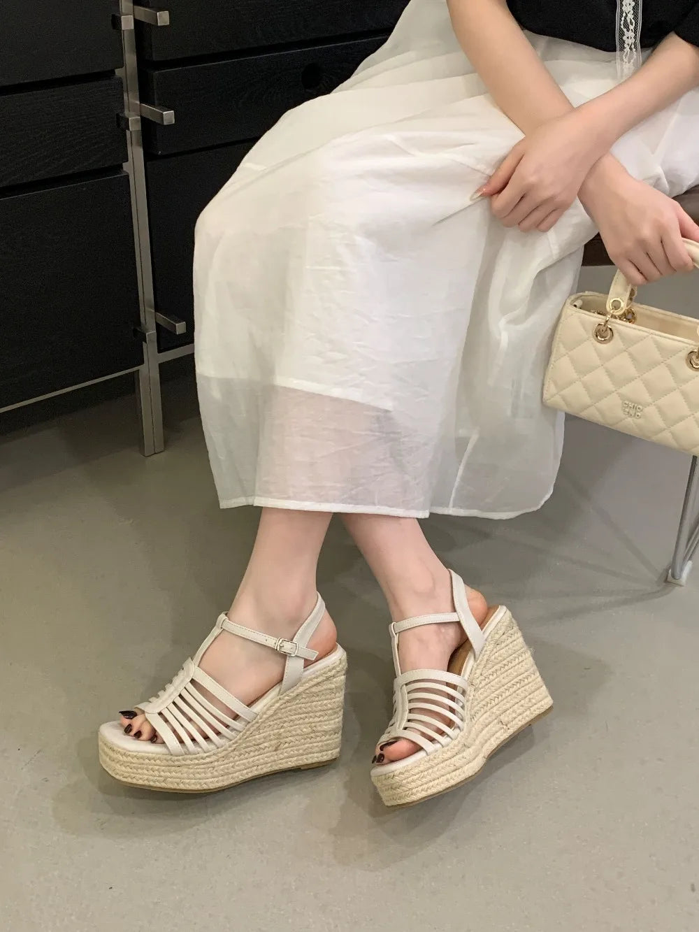 9cm Heeled Wedges Ankle Sandals Black Dress Shoes for Women T-Strap Silver Chunky Heels Summer Platform Bohemia Sandals 2026