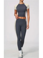 Nake Yoga Set Women's Tracksuit Color Contrast Short Sleeve Slim Sports T Shirts High Waist Leggings Fitness Clothes Gym Outfits